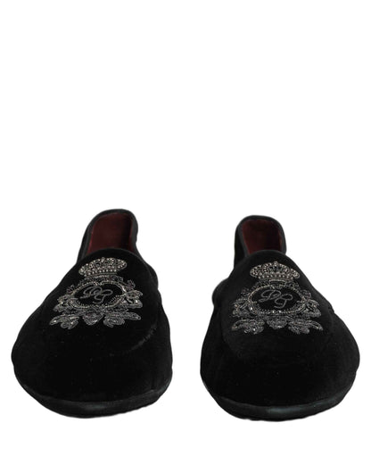 Black Velvet Crown Embroidery Loafers Shoes