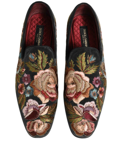 Black Velvet Floral Embroidery Loafers Shoes