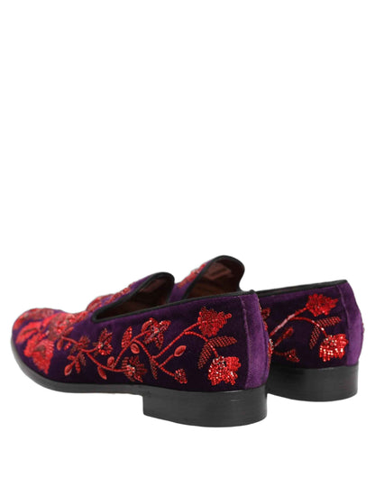 Violet Red Bead Embellished Loafers Shoes
