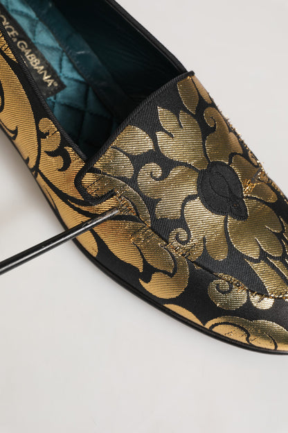 Black Gold Floral Jacquard Dress Loafers Shoes