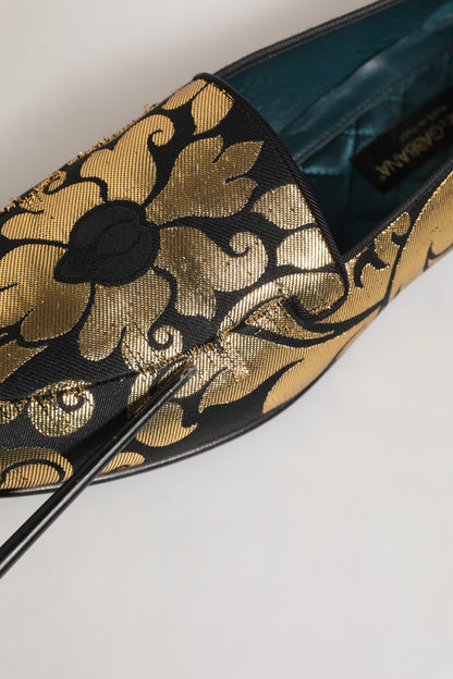 Black Gold Floral Jacquard Dress Loafers Shoes