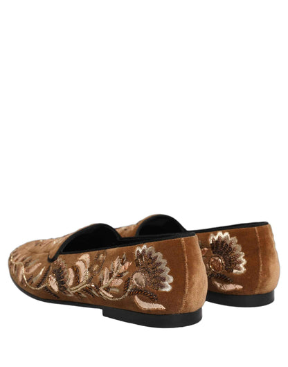 Brown Velvet Floral Embroidery Loafers Shoes