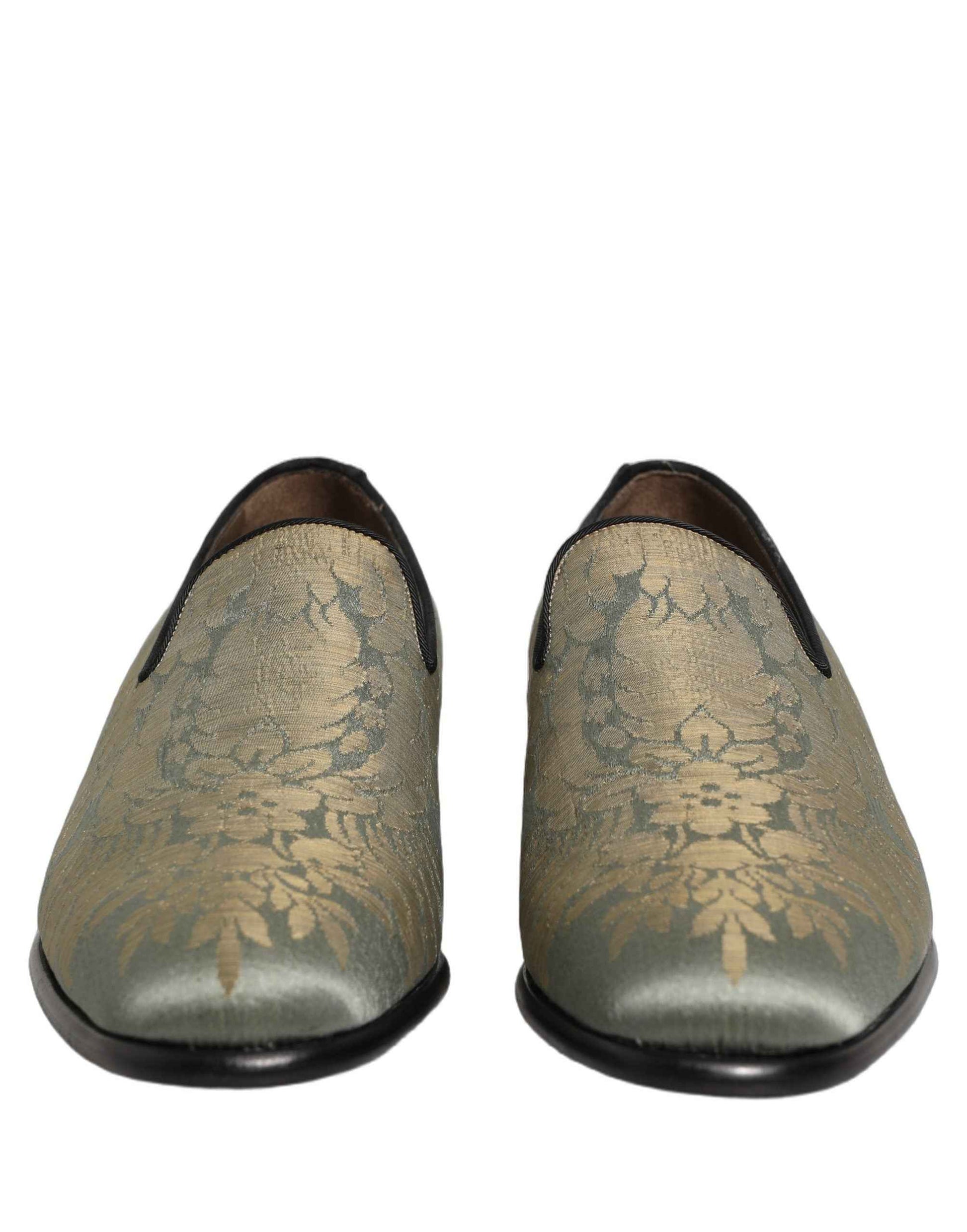 Gold Floral Jacquard Slip On Loafers Shoes