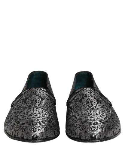 Silver Jacquard Leather Slip On Loafers Shoes