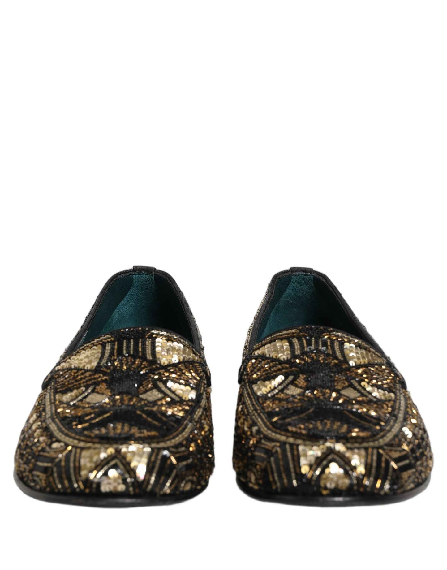 Black Gold Embellished Slip On Loafers Shoes