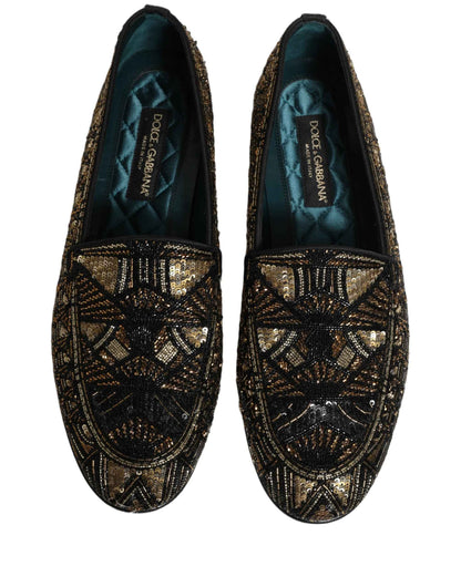 Black Gold Embellished Slip On Loafers Shoes