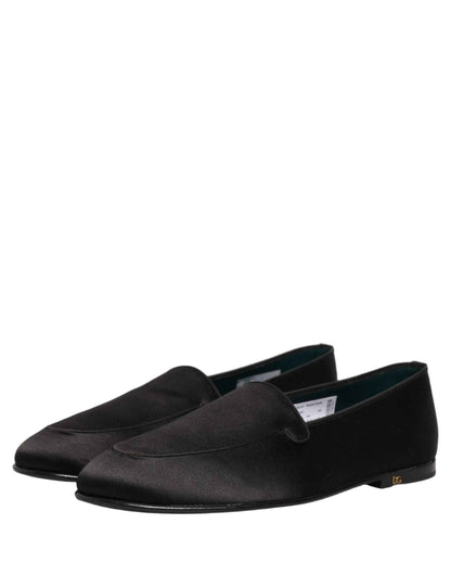 Black Satin Logo Slip On Flats Loafers Shoes