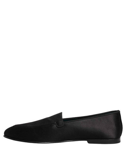 Black Satin Logo Slip On Flats Loafers Shoes