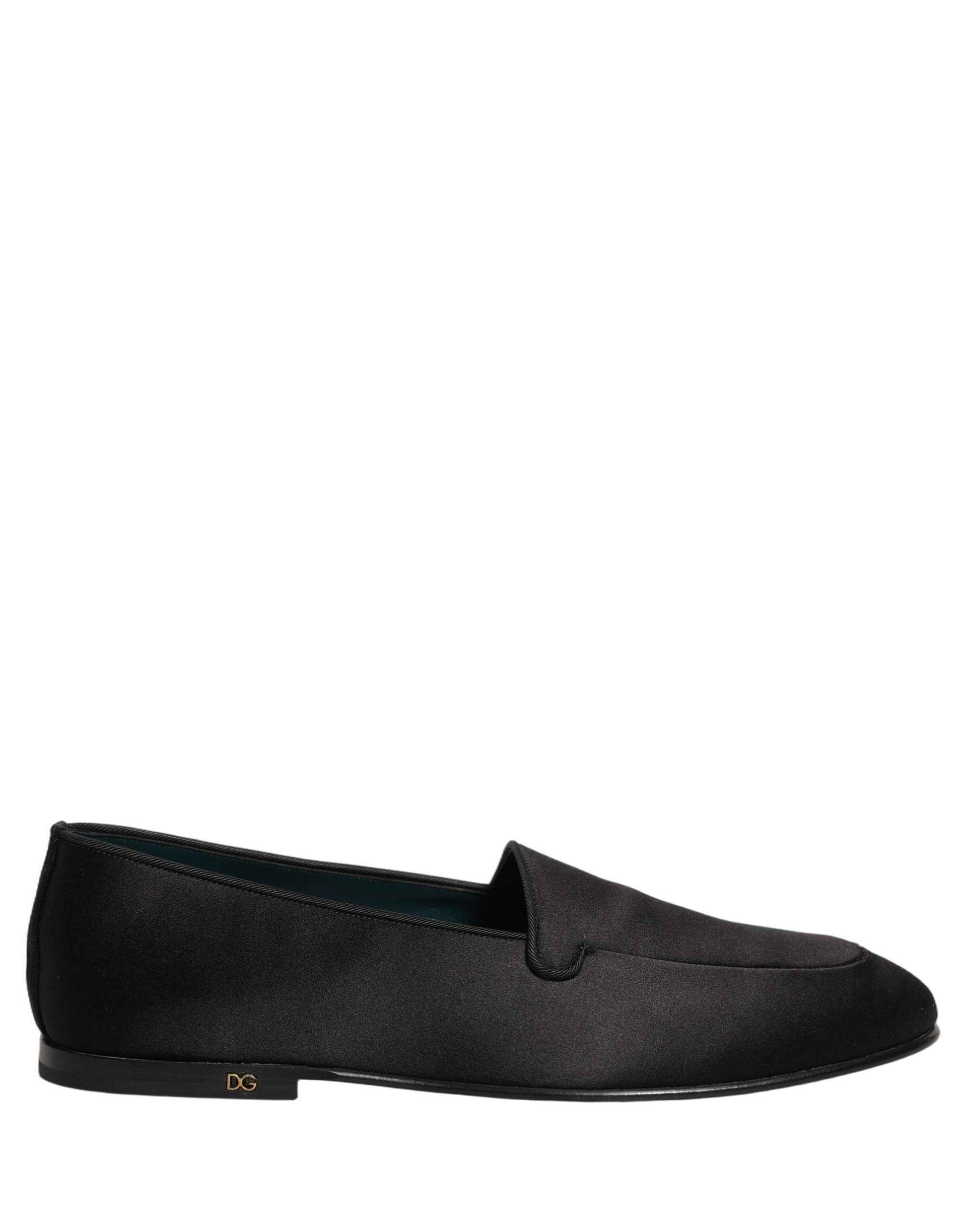 Black Satin Logo Slip On Flats Loafers Shoes