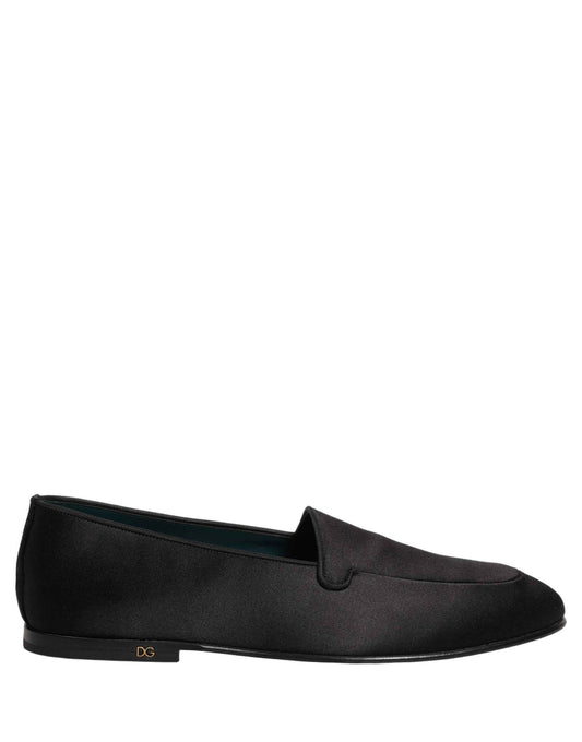 Black Satin Logo Slip On Flats Loafers Shoes
