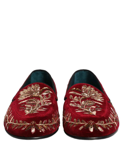 Red Velvet Floral Embroidery Loafers Shoes