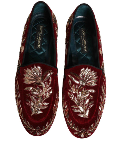 Red Velvet Floral Embroidery Loafers Shoes