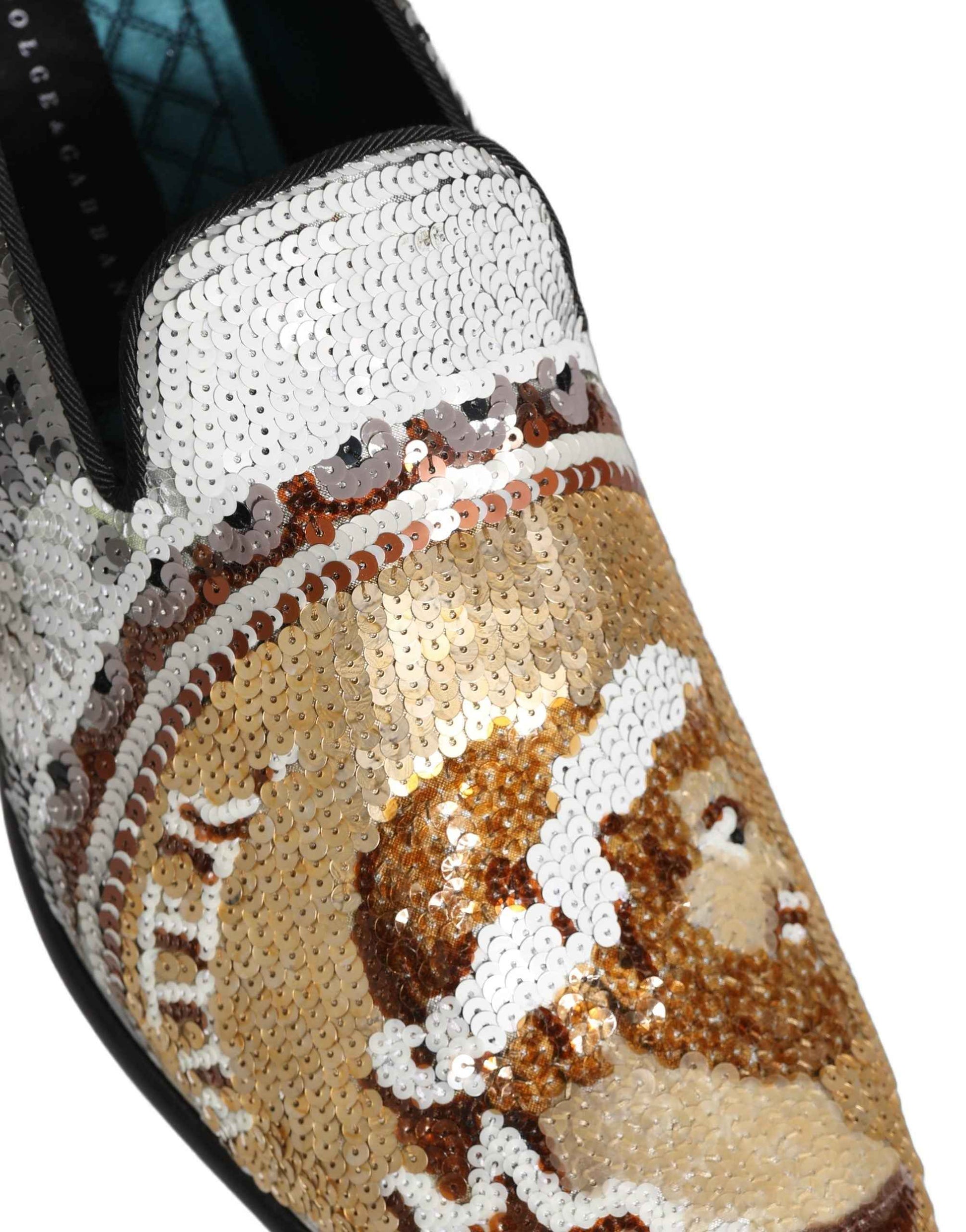 White Gold Sequined Slip On Loafers Shoes