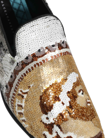 White Gold Sequined Slip On Loafers Shoes