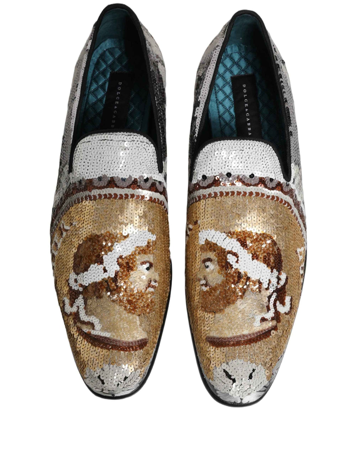 White Gold Sequined Slip On Loafers Shoes