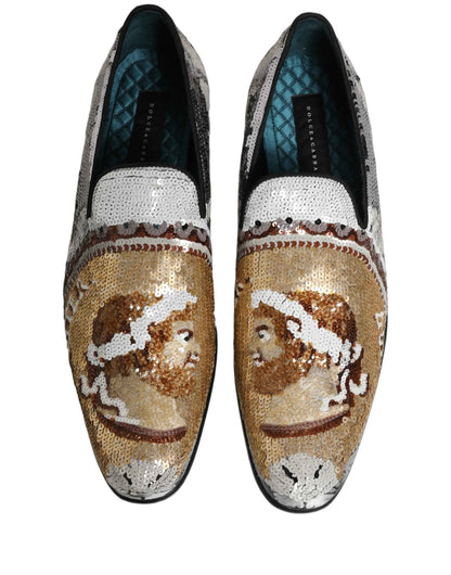 White Gold Sequined Slip On Loafers Shoes
