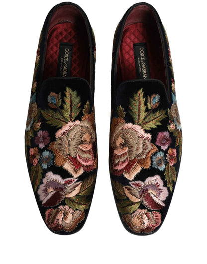 Black Velvet Floral Embroidery Loafers Shoes
