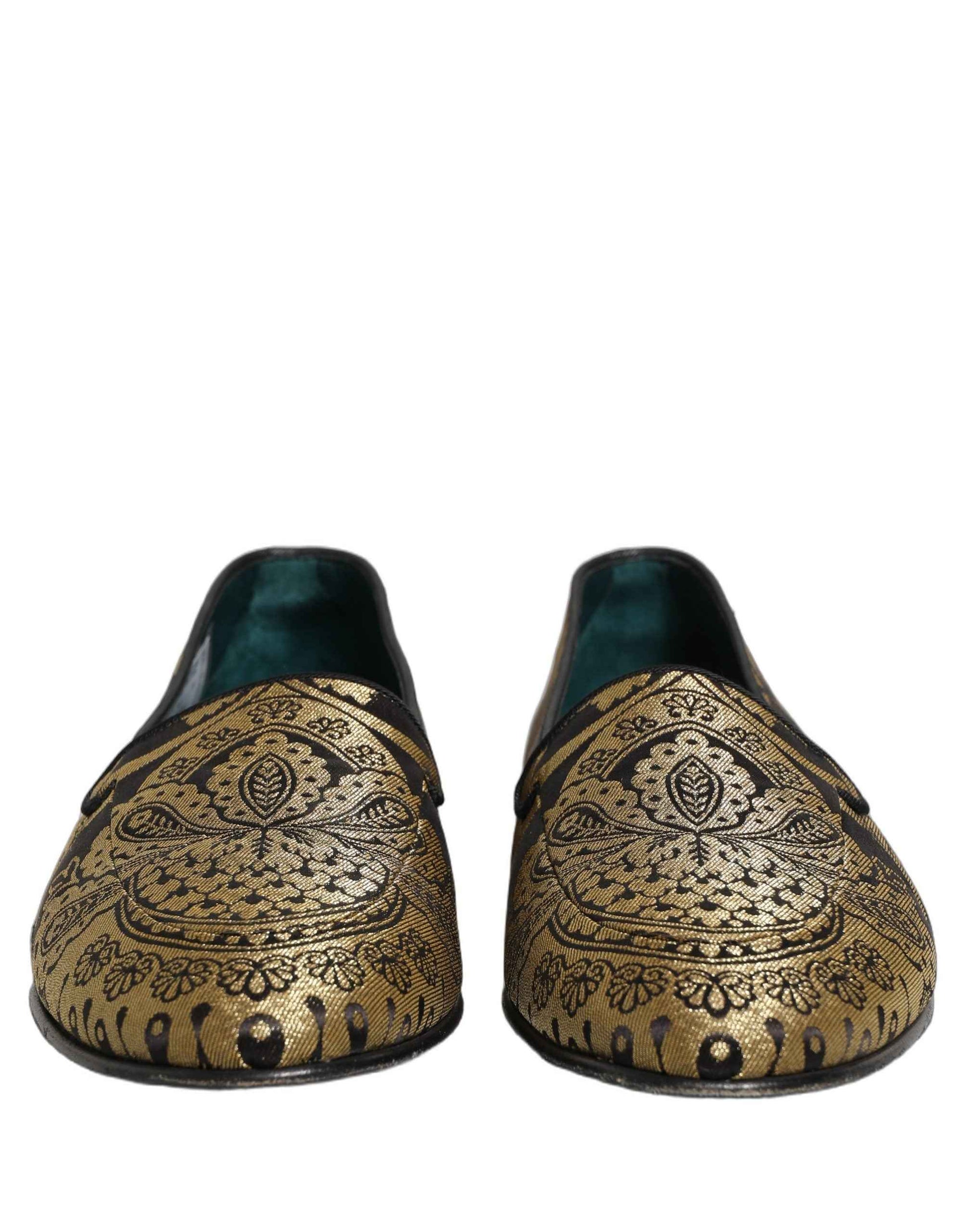 Gold Jacquard Leather Slip On Loafers Shoes