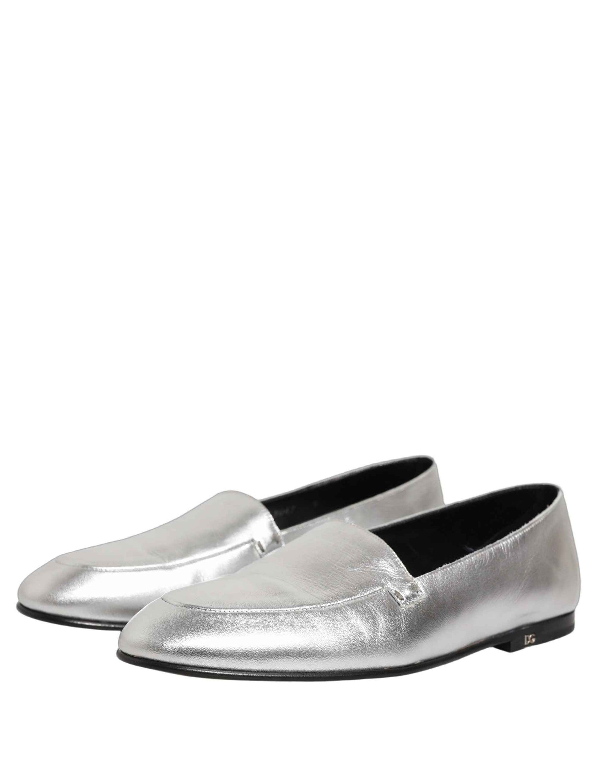 Silver Leather DG Logo Slip On Loafers Shoes