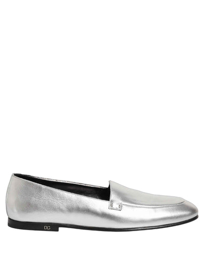 Silver Leather DG Logo Slip On Loafers Shoes