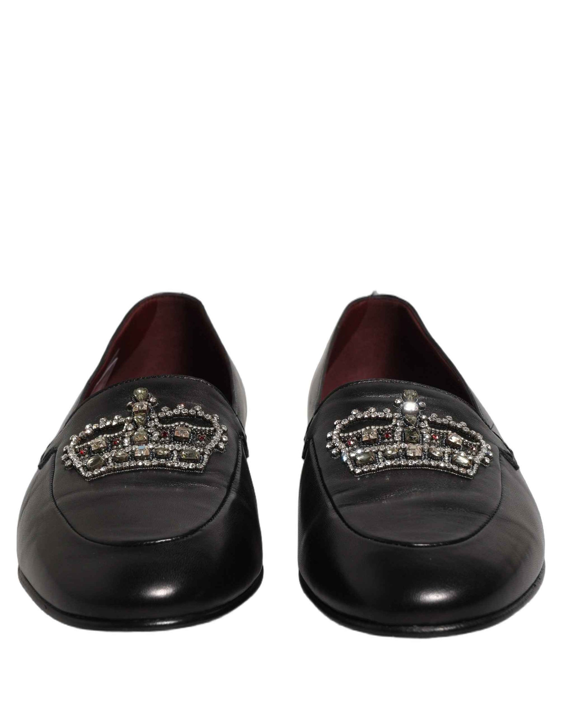 Black Leather Crown Embellished Loafers Shoes