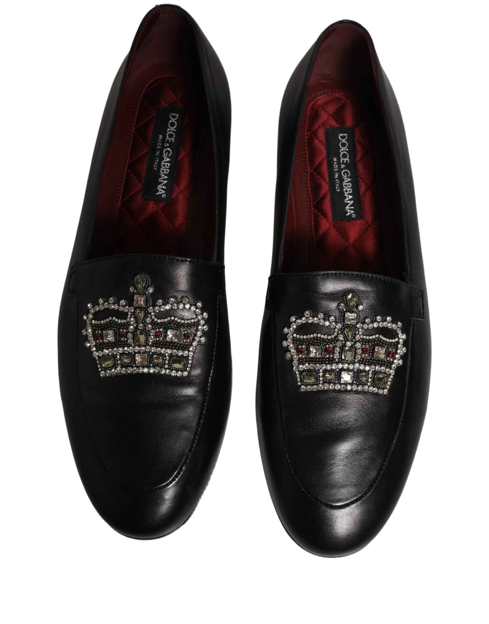 Black Leather Crown Embellished Loafers Shoes