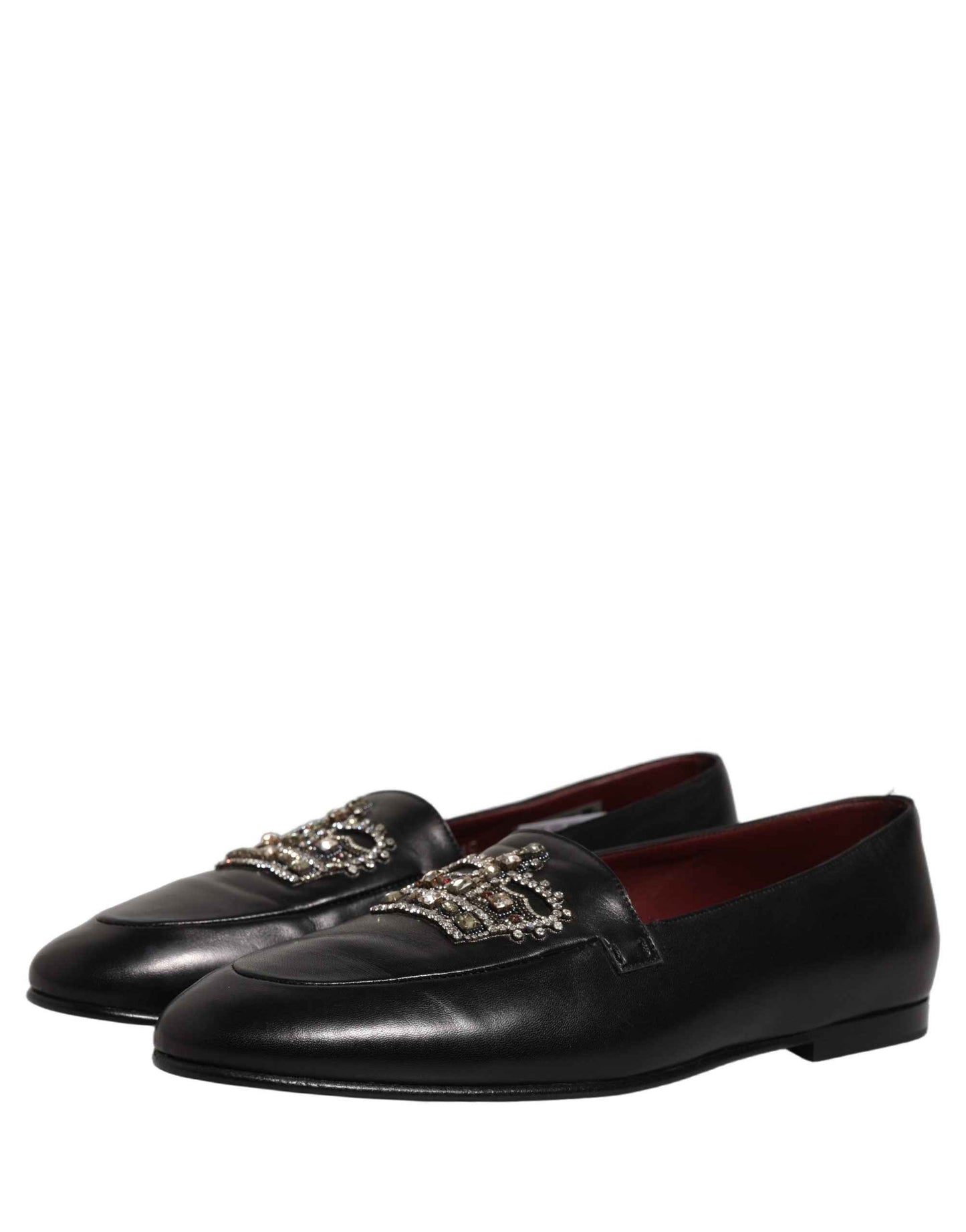Black Leather Crown Embellished Loafers Shoes
