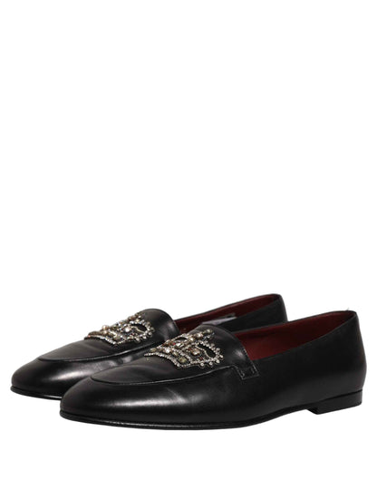 Black Leather Crown Embellished Loafers Shoes