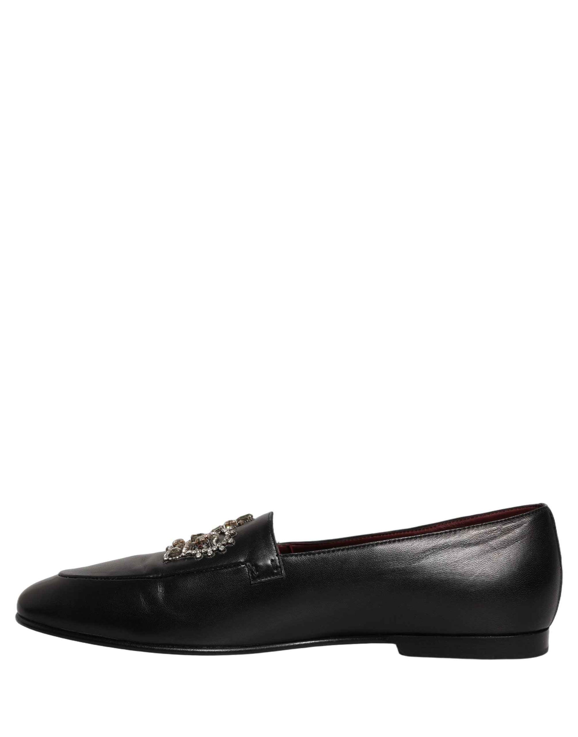 Black Leather Crown Embellished Loafers Shoes