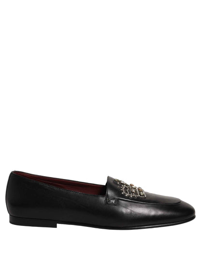 Black Leather Crown Embellished Loafers Shoes