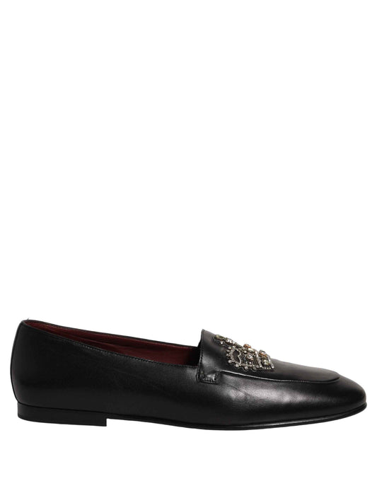 Black Leather Crown Embellished Loafers Shoes