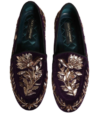 Violet Velvet Floral Embroidery Loafers Shoes