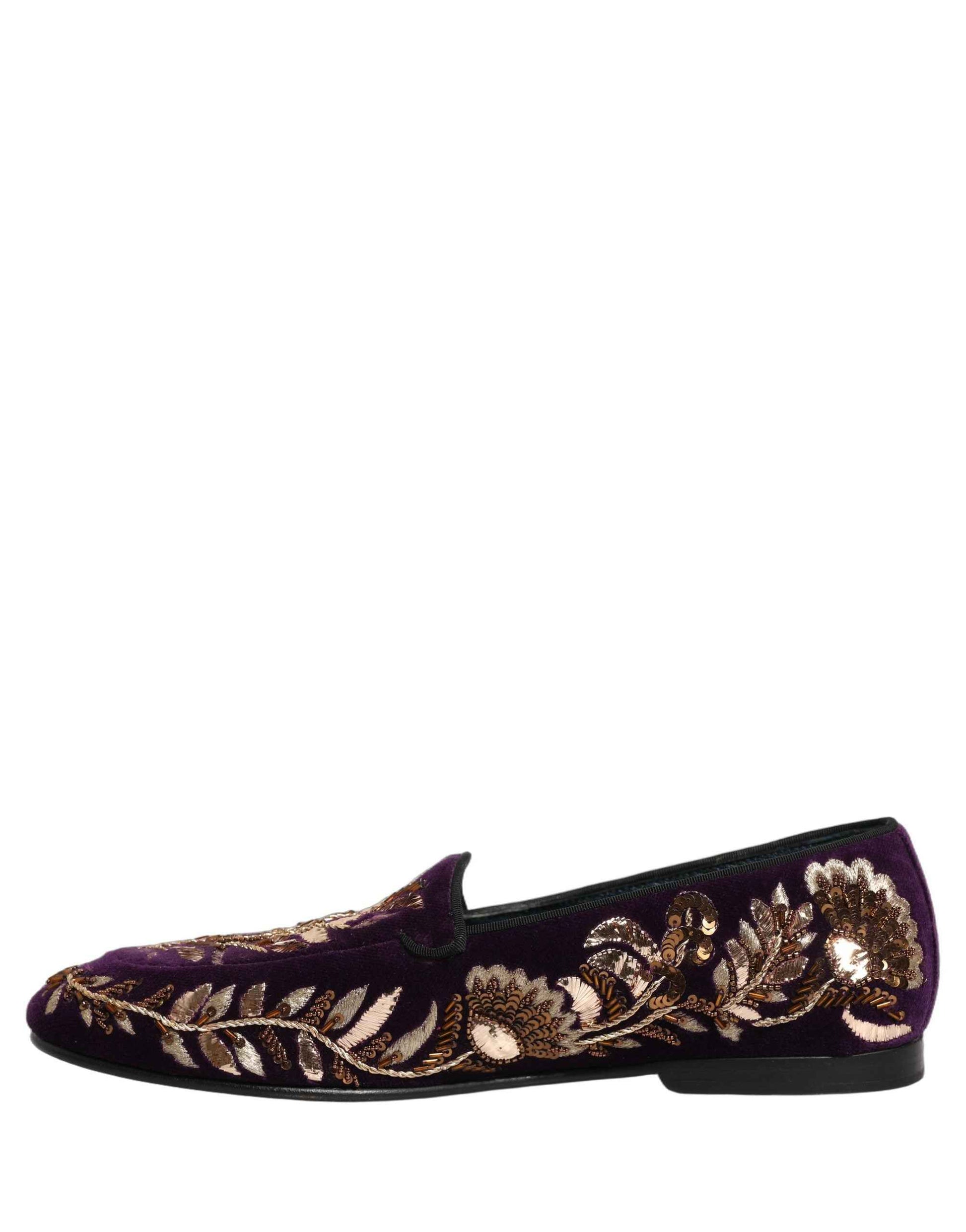 Violet Velvet Floral Embroidery Loafers Shoes