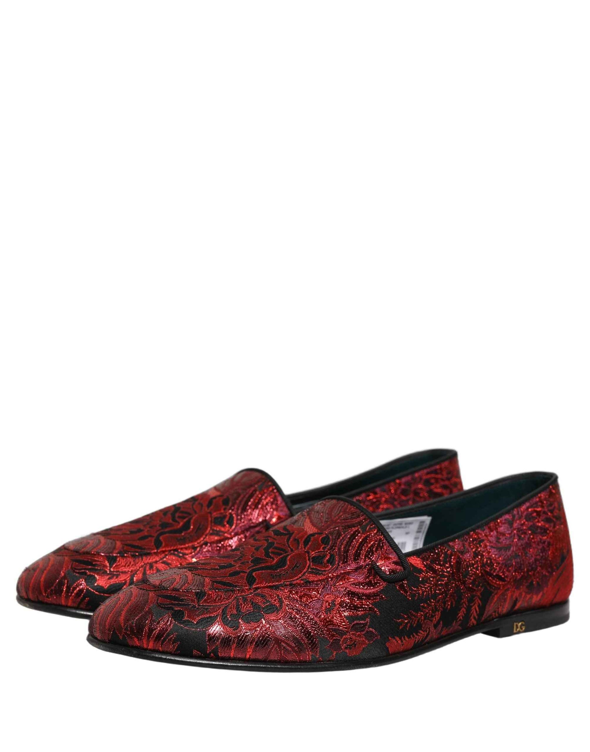 Red Floral Jacquard Slip On Loafers Shoes