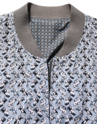 Light Blue Cotton Car Print Bomber Jacket