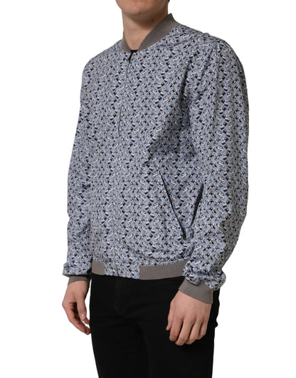 Light Blue Cotton Car Print Bomber Jacket