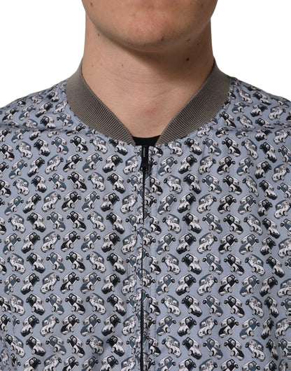 Light Blue Cotton Car Print Bomber Jacket