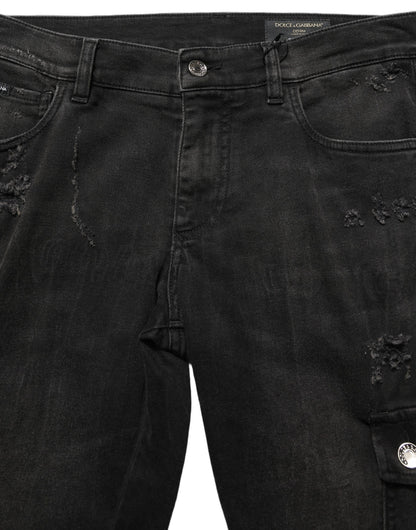 Black Distressed Cargo Cotton Men Denim Jeans