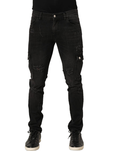 Black Distressed Cargo Cotton Men Denim Jeans
