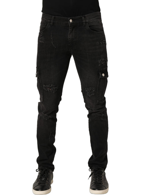Black Distressed Cargo Cotton Men Denim Jeans