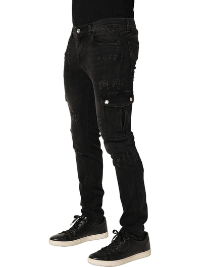 Black Distressed Cargo Cotton Men Denim Jeans