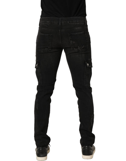 Black Distressed Cargo Cotton Men Denim Jeans