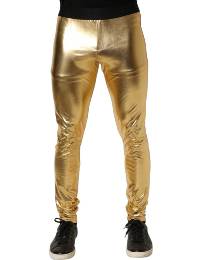 Gold Metallic Polyester Skinny Trousers Pants