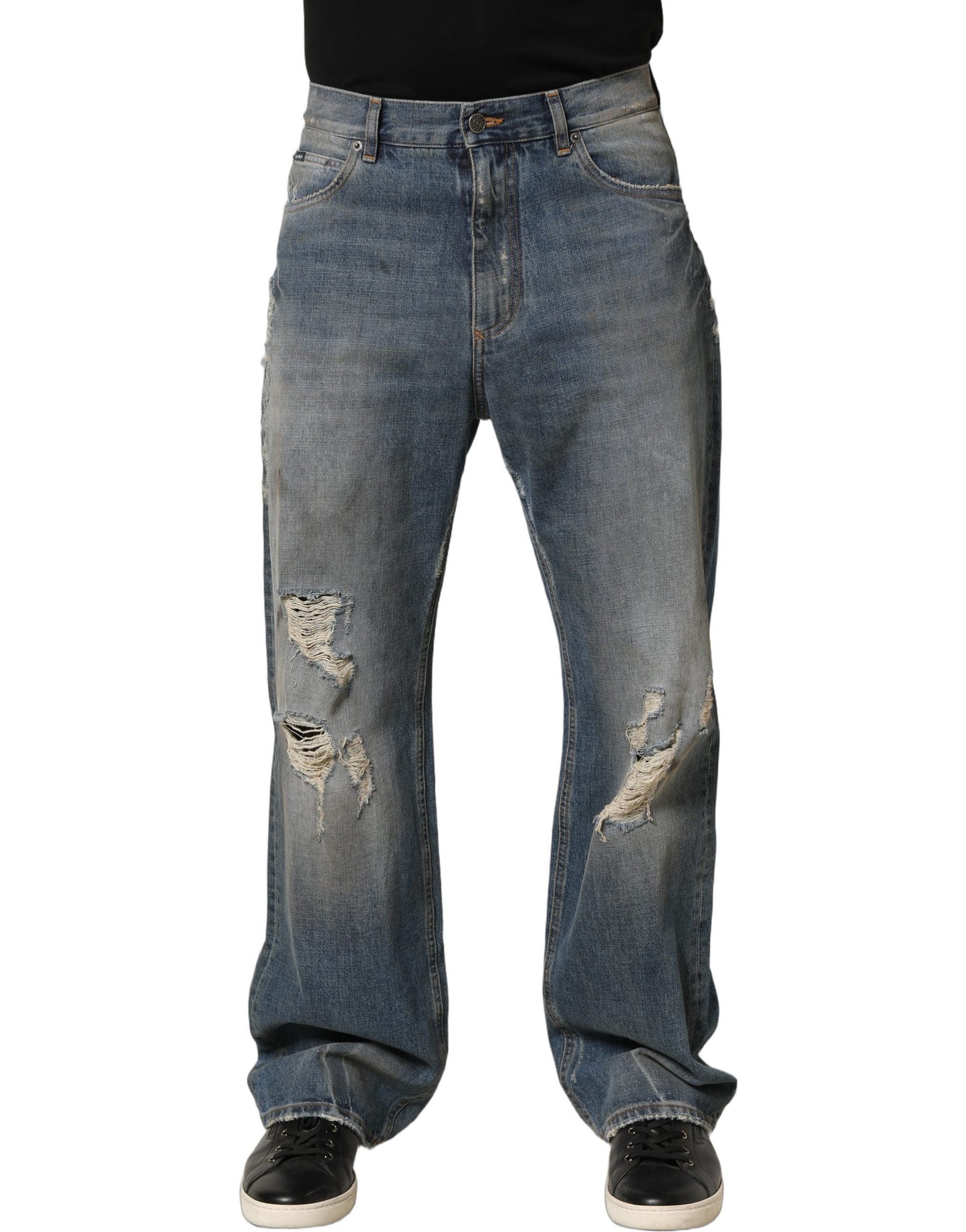 Blue Cotton Distressed Straight Denim Jeans