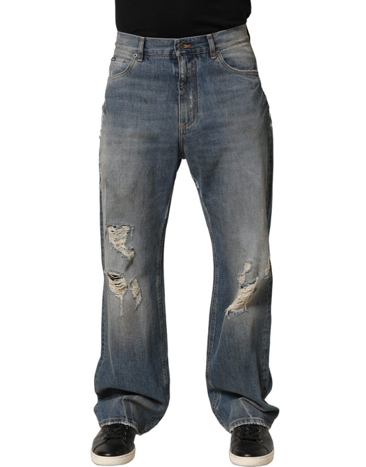 Blue Cotton Distressed Straight Denim Jeans