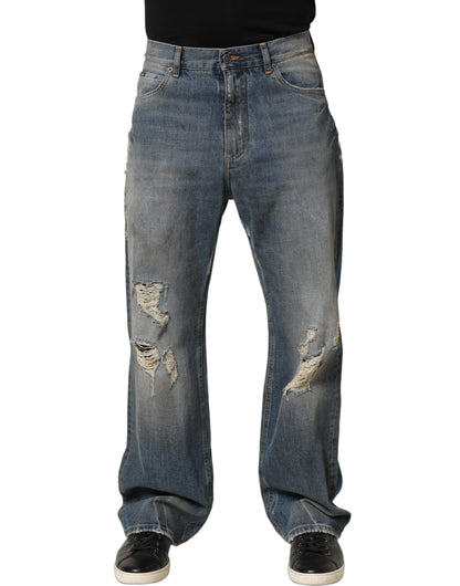Blue Cotton Distressed Straight Denim Jeans