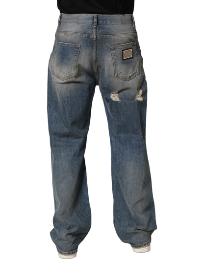 Blue Cotton Distressed Straight Denim Jeans