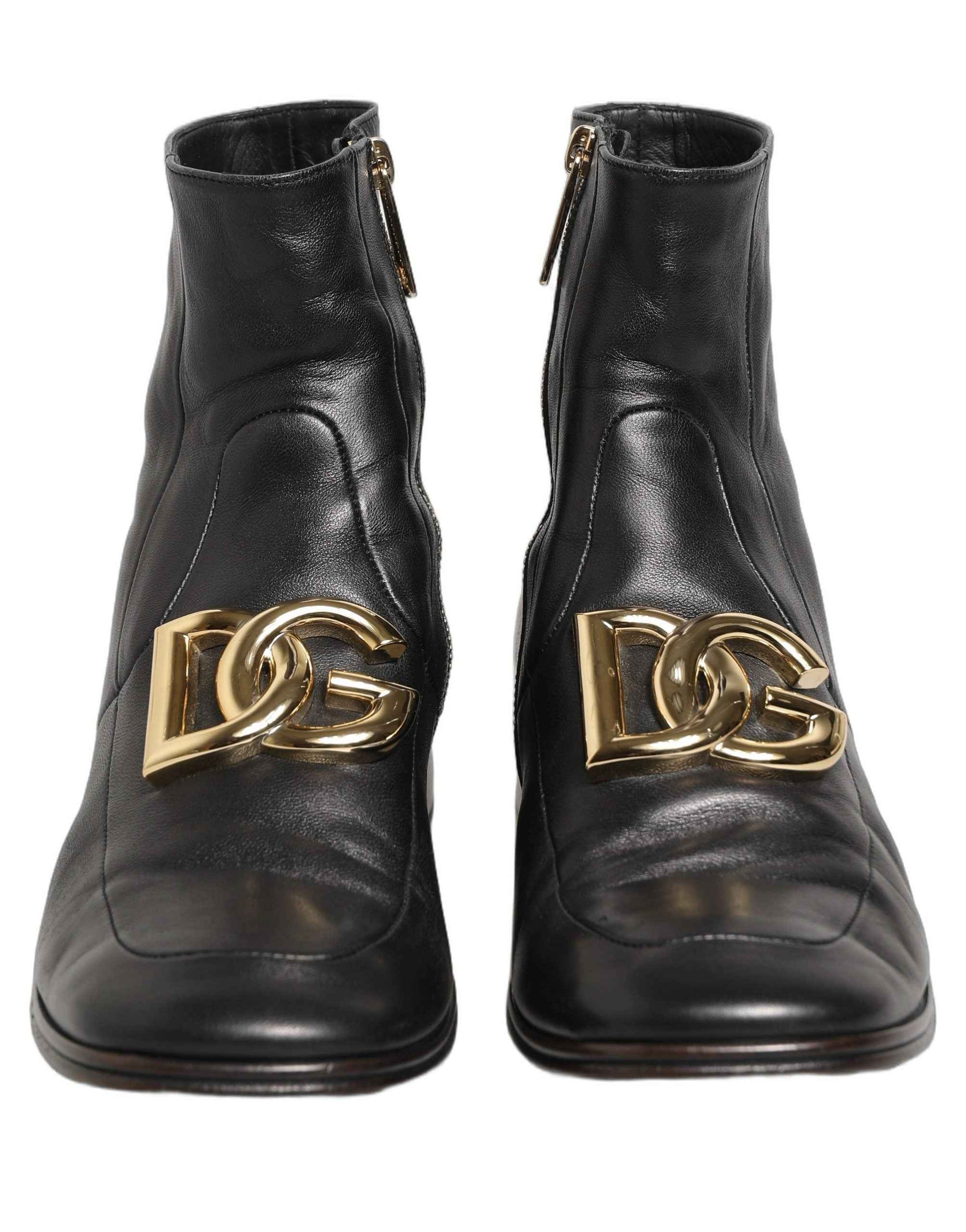 Black Leather DG Logo Plaque Shorts Ankle Boots Shoes