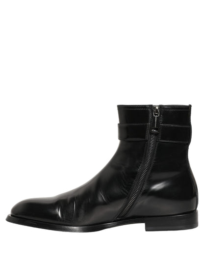 Black Leather Logo Buckle Mid Calf Boots Shoes