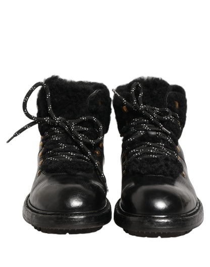 Black Trekking Fur Lace Leather Boots Shoes